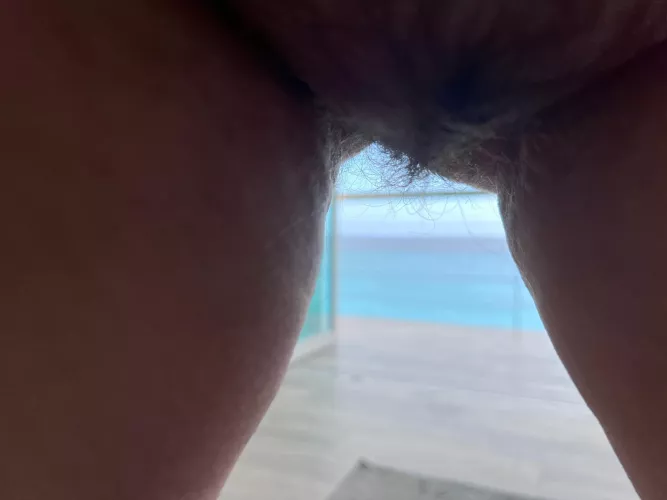 Wife’s naked pussy on vacation balcony