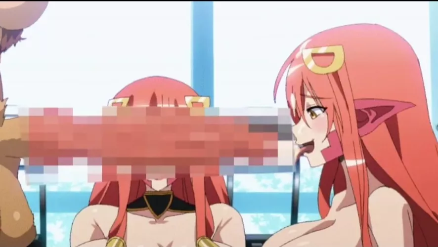 LF color source: red hair, lamia, snake monster girl, horse cock, licking, big breast, pointy ears, bikini, monster girls, 3girls