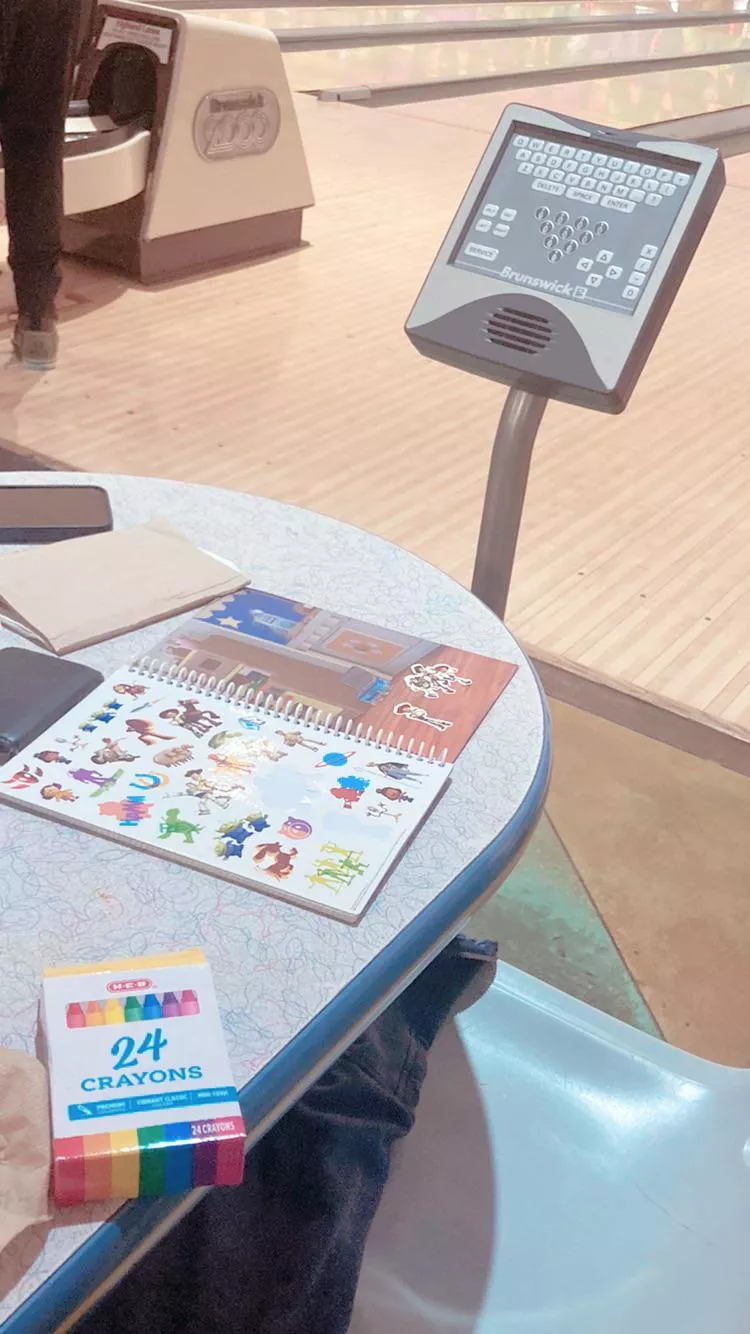 Mommy-baby date at the bowling alley. I always pack colors and stickers to keep him occupied when it isn’t his turn 💕