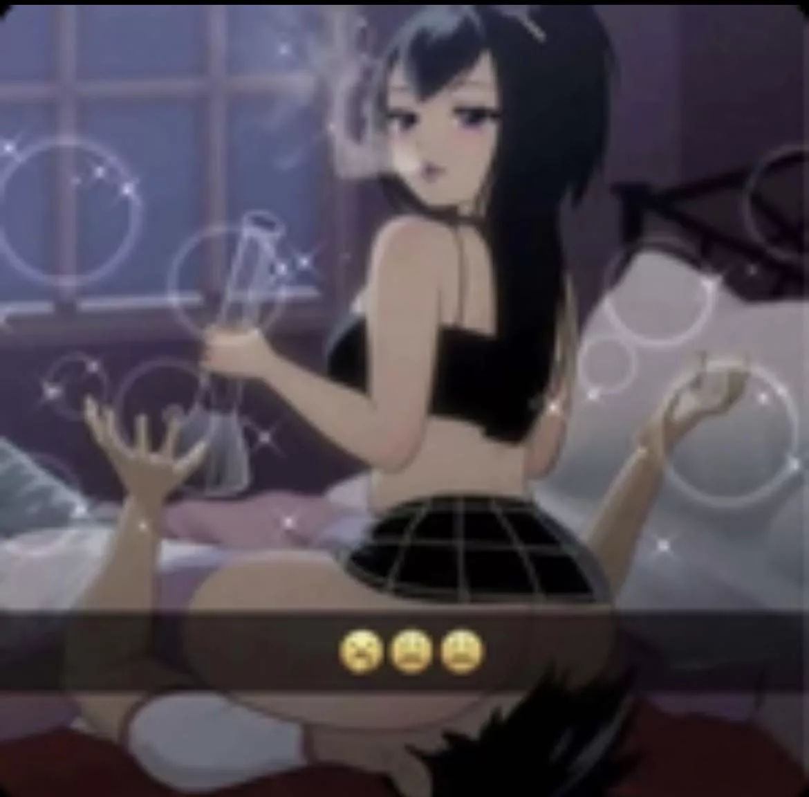 LF Color Source: 1girl, 1boy, black hair, black skirt, bong, sitting on face, goth, bed, pink socks, pony tail