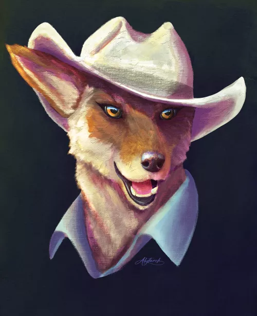 Mattie Cairns, Coyote cowgirl of @VSweatered new story, 𝘔𝘺 𝘗𝘦𝘵𝘳𝘰𝘤𝘩𝘦𝘮𝘪𝘤𝘢𝘭 𝘙𝘰𝘮𝘢𝘯𝘤𝘦. [Art by me @Alytarcha on twitter]