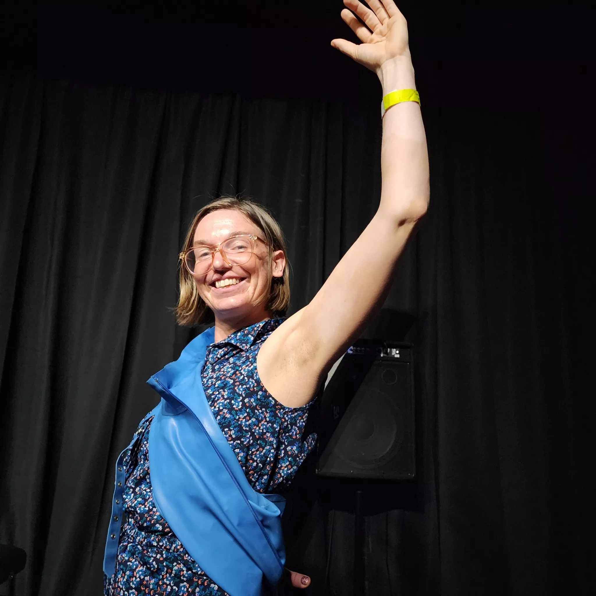 showing off my armpit after being released from latex bondage at a dungeon