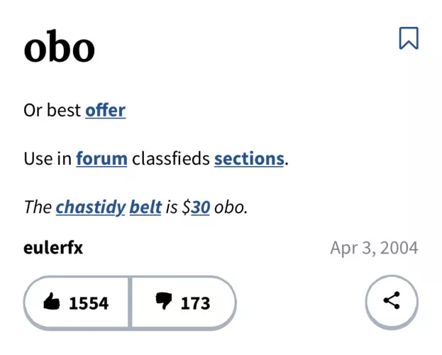 This was the example given for “or best offer” on the urban dictionary from 2004 I thought it belonged here. Also look at the way they spelled chastity.