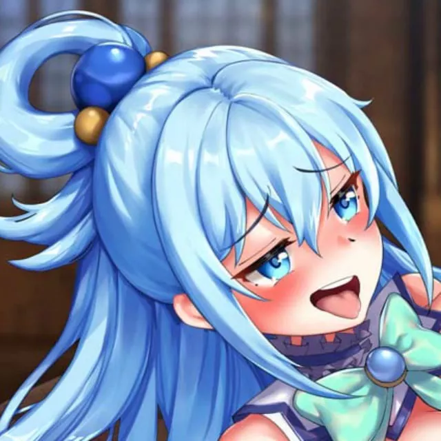 LF color source: 1girl, very long hair, aqua hair/eyes, tongue out, bow, hair ornament, looking at another, smile, indoors, aqua (konosuba).