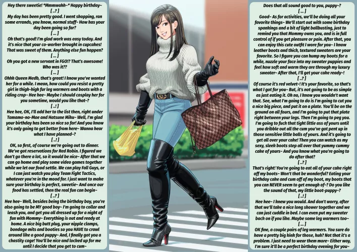 Super Self-Indulgent Birthday Caption to Myself [Leather Boots] [Sweater] [Pet Play] [Food Play] [Gentle Femdom] [Yes this is all stuff I really like] Artist: Enkaboots