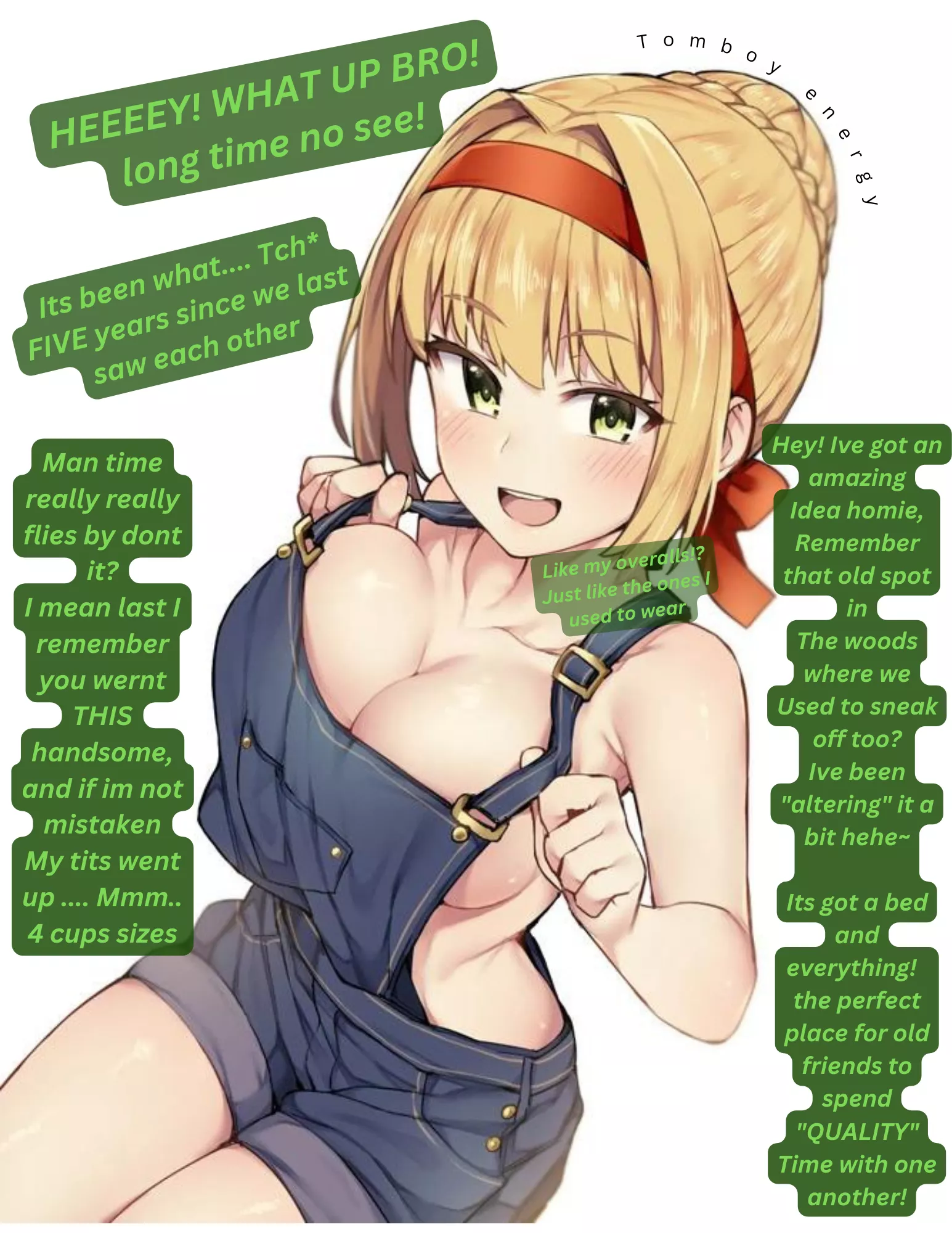 You're Reunion with an old friend [Tomboy] [Overalls] [Implied sex] [only 1 piece of clothing] [childhood friends] [Male Pov] [Artist- JP06]