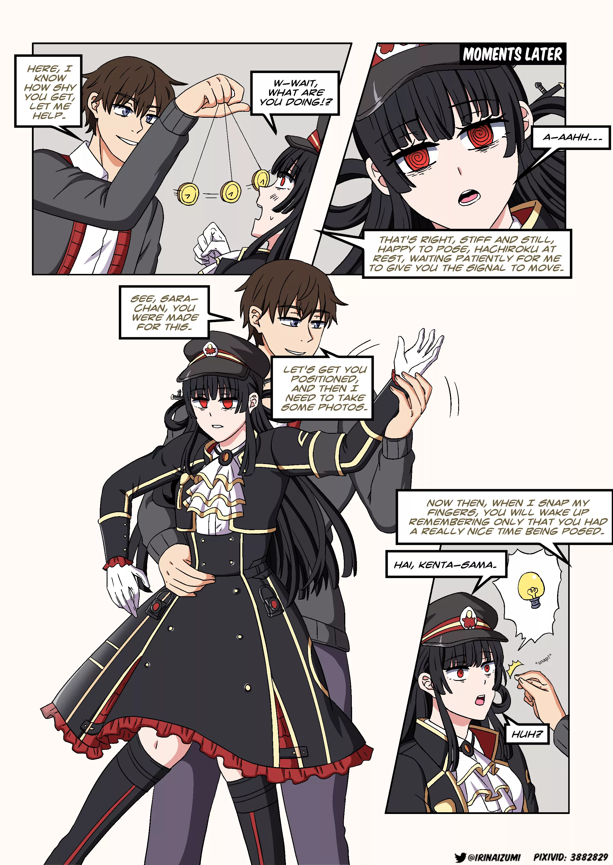 Girl is hypnotized to pose motionless (like a living mannequin or doll) in cosplay at a convention