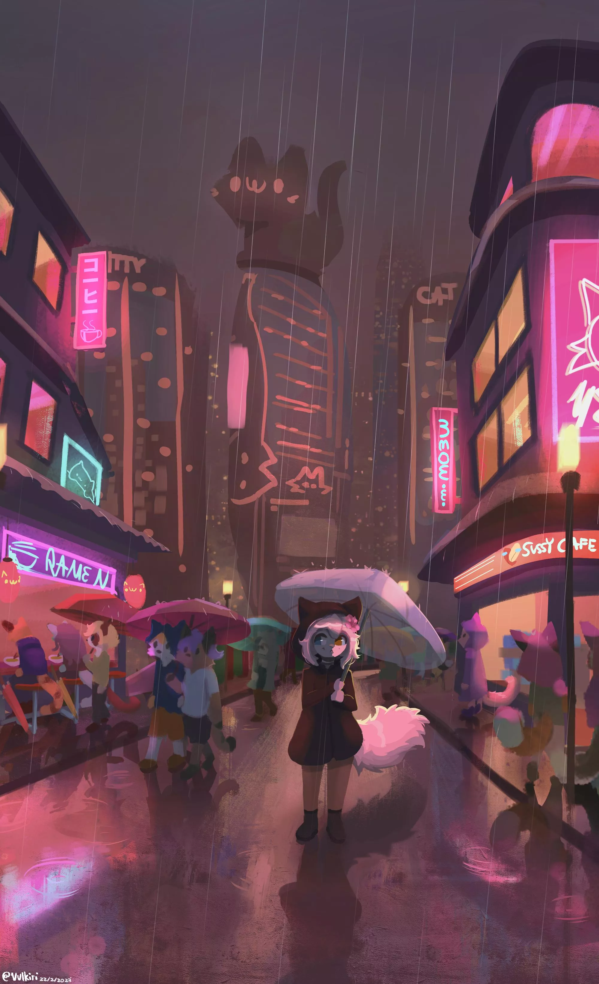 Meow city :3 ☔🌸 || Art by me @Vulkiri on twitter