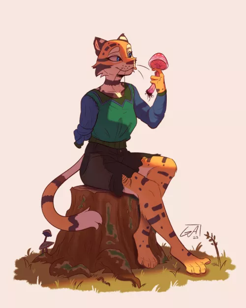 My ocelot, Svamp, enjoying her hobby of mushroom foraging :D - Art by me 🍄 (@ArtsGalinn on Twitter)