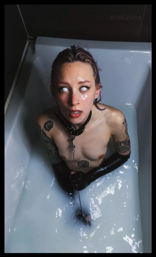 Blinded, leashed and covered in cum!