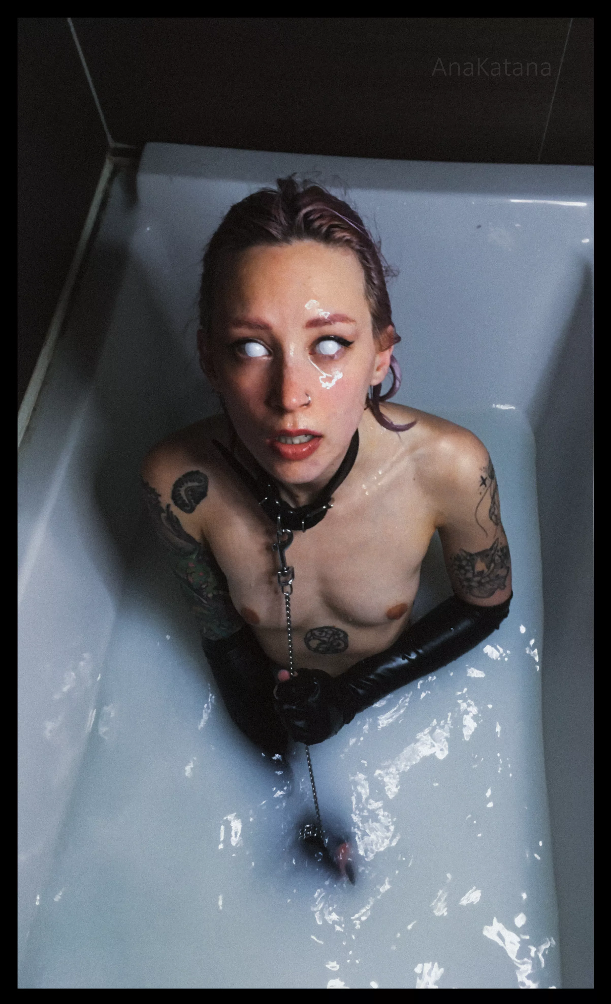 Blinded, leashed and covered in cum!