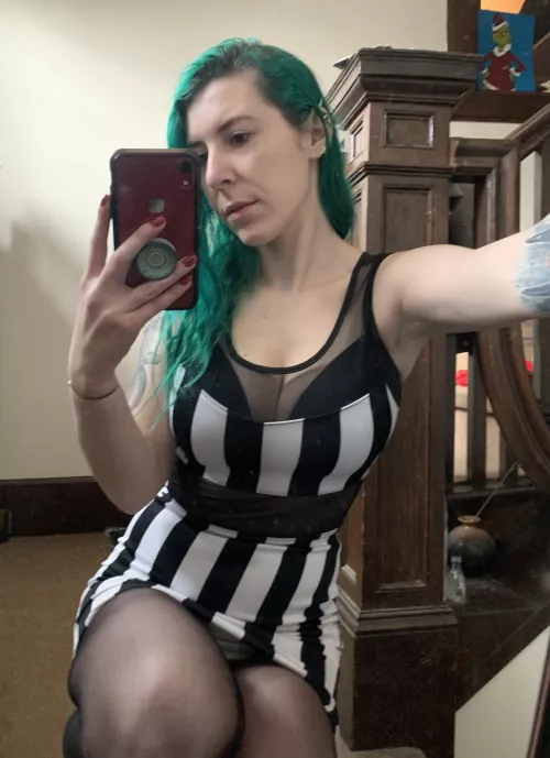 Busty in a mesh dress