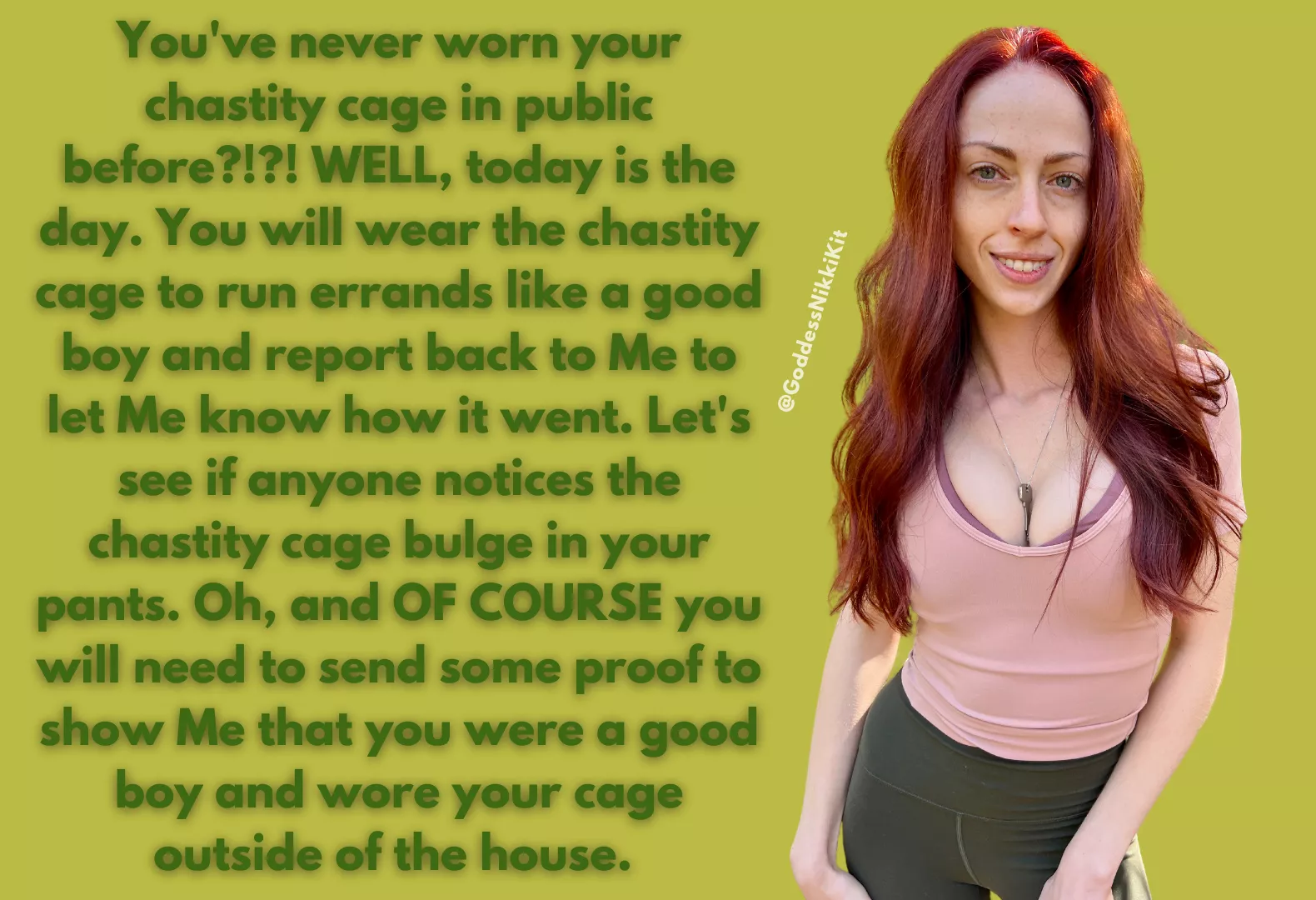 Have you ever left the house while wearing your chastity cage? Where is the most exciting place you've ever worn your dick cage? | Chastity Caption by FemDom Goddess Nikki Kit