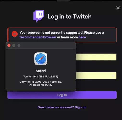 After updating safari to the latest version(16.4), I'm now unable to log in to twitch. Getting unsupported browser error. I can still log in on other browsers and mobile. Already tried restarting and clearing cache/cookies. Any ideas?
