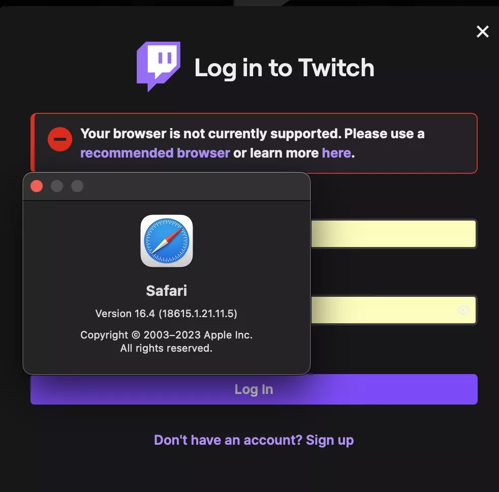 After updating safari to the latest version(16.4), I'm now unable to log in to twitch. Getting unsupported browser error. I can still log in on other browsers and mobile. Already tried restarting and clearing cache/cookies. Any ideas?
