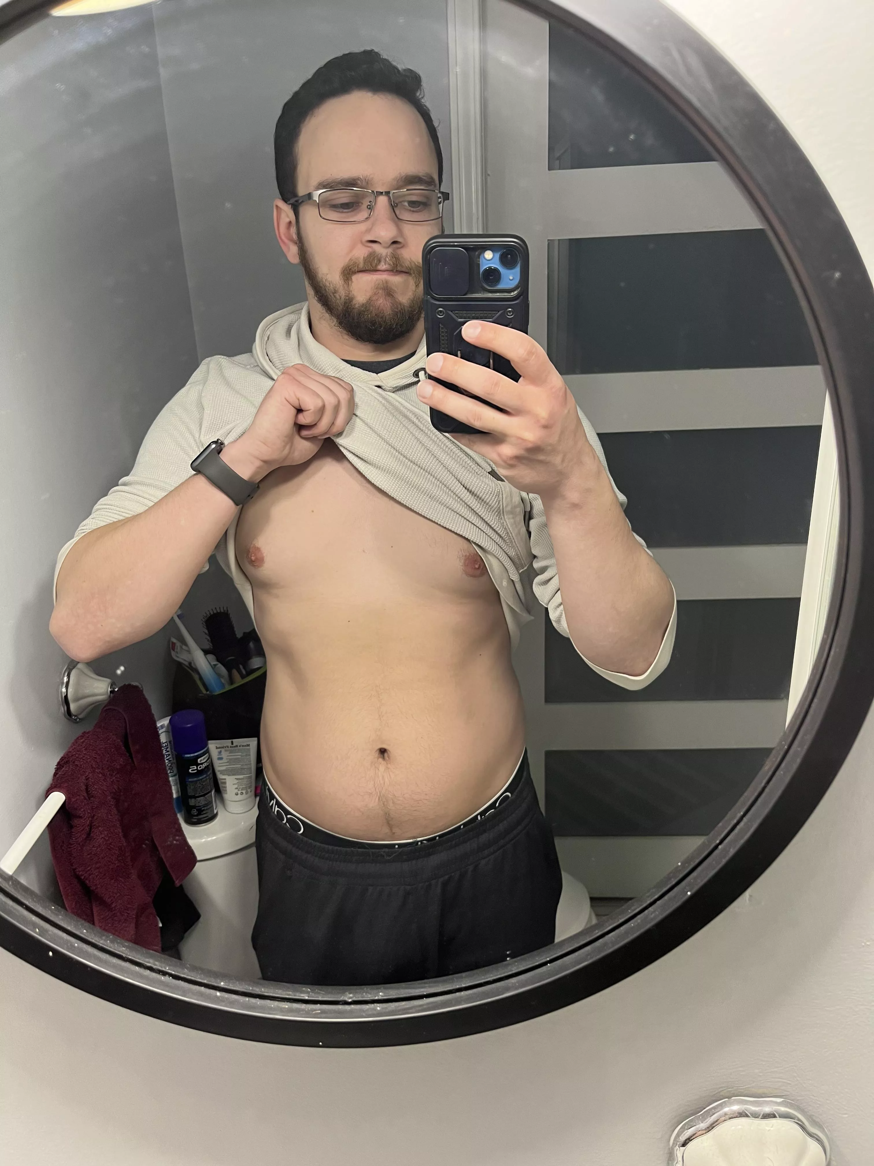Down 15lbs in a few weeks. 15 more to go. Feeling proud of the progress so I thought I’d share a pic. Don’t mind the dirty mirror 😅 Down 15lbs in a few weeks. 15 more to go. Feeling proud of the progress so I thought I’d share a pic. Don’t mind the dirty mirror 😅