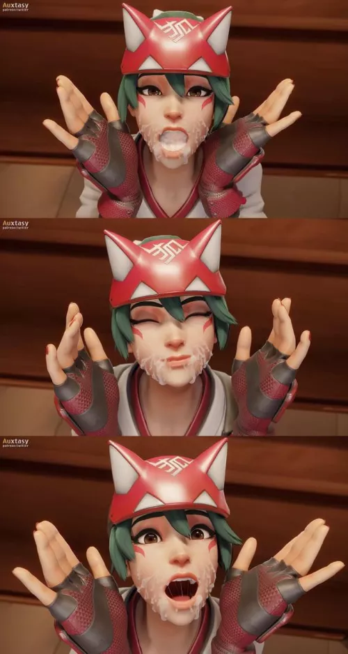 Kiriko having a quick snack before a match. (Auxtasy)