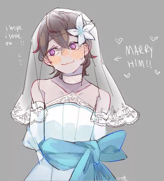LF color source: brown hair, pink eyes, flower in hair, choker, wedding veil, wedding dress, “I hope I look ok..”, “MARRY HIM!!”, blue bow, hands behind back, blush