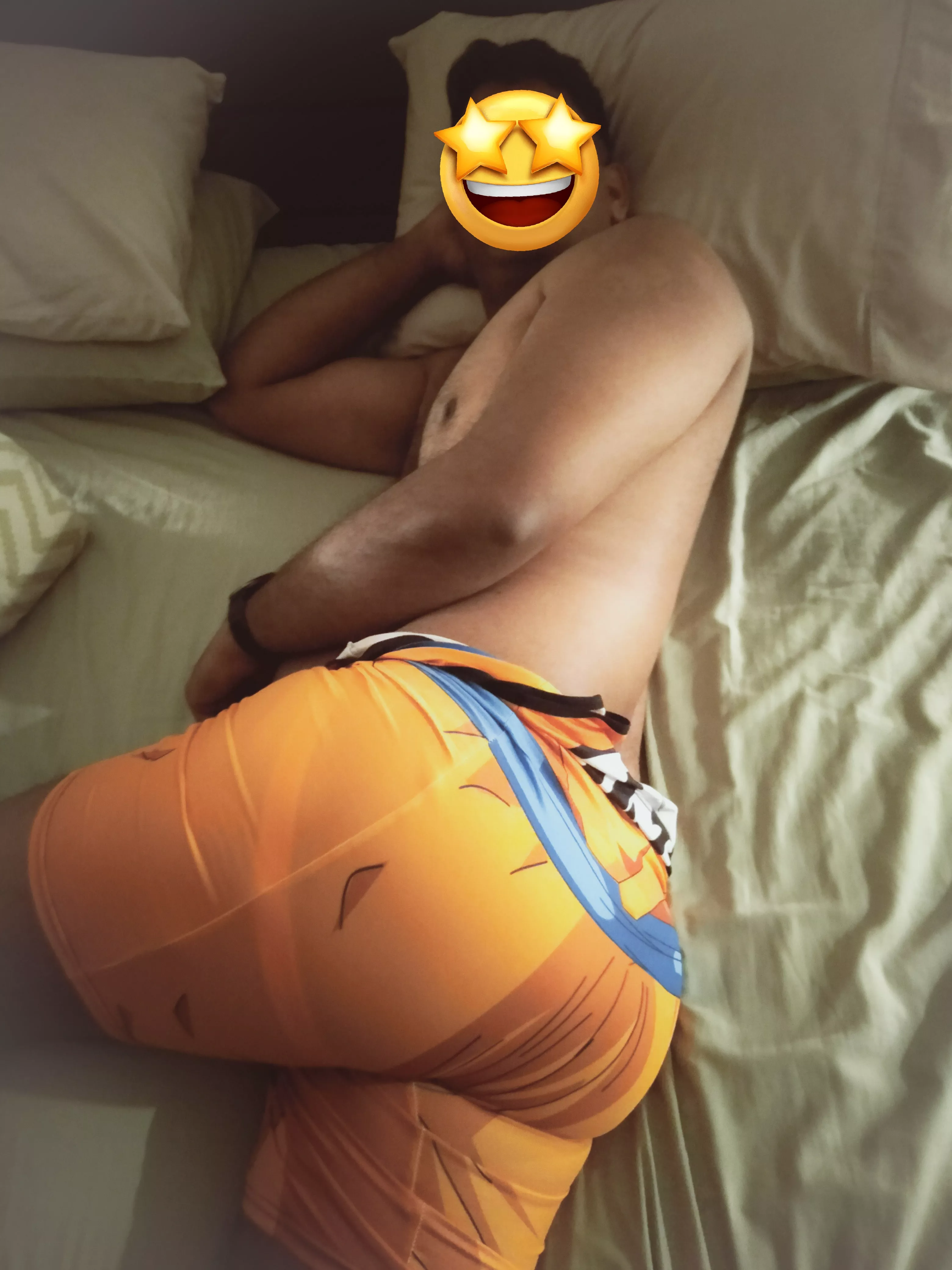 So my husband was feeling a little conscious of his new dad bod, but his photographer friend convinced him to model in this Goku outfit with his jockstrap showing... do you think his dad bod is good enough?