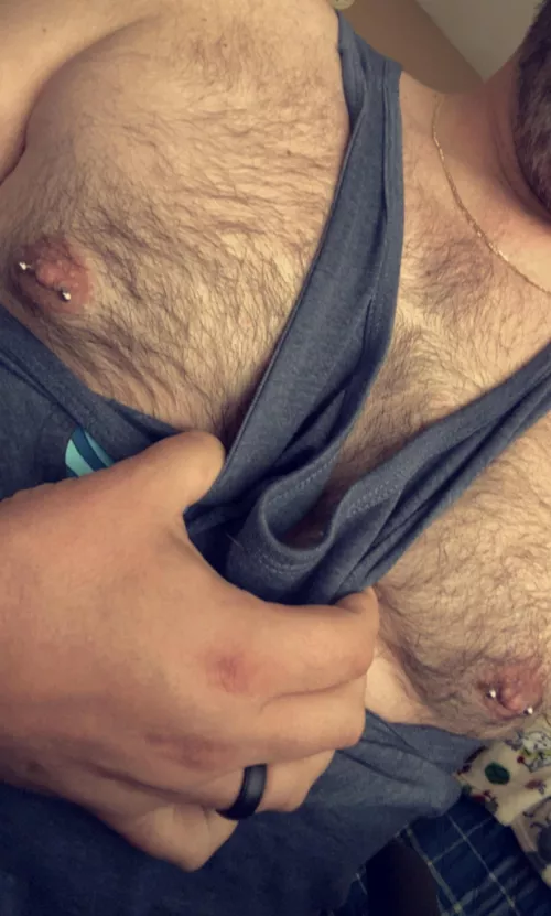 35 Hairy chest and nipple piercings
