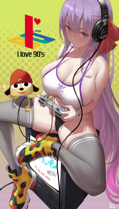 BB wearing some nice sneakers while playing PaRappa the Rapper on the PlayStation 1 (Uo Denim) [Fate/Extra & PaRappa The Rapper]