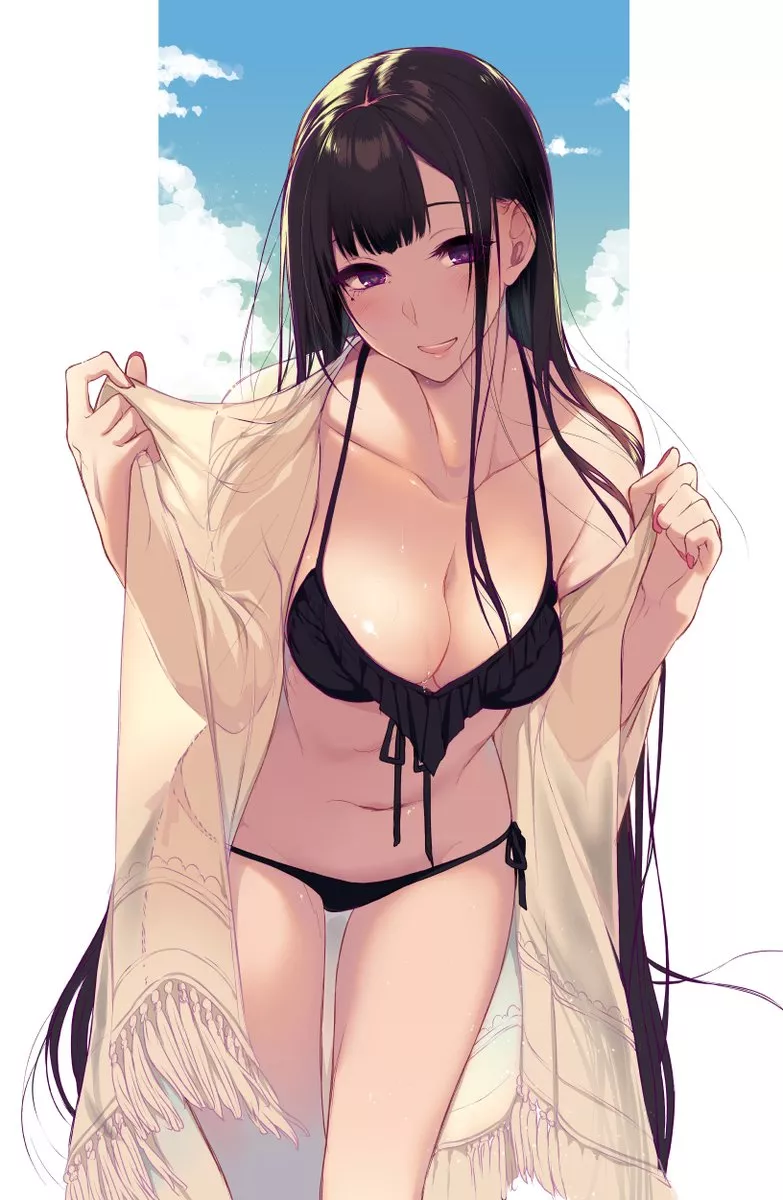 Chiyo Flexing her Sexy Black Bikini in the Beach [Ane Naru Mono] (Pochi-goya)