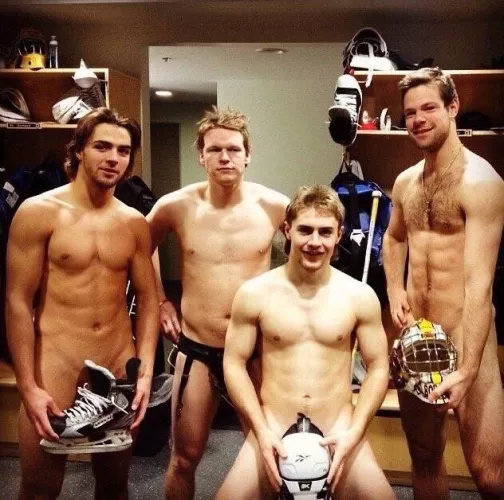 Hockey team in the locker room...