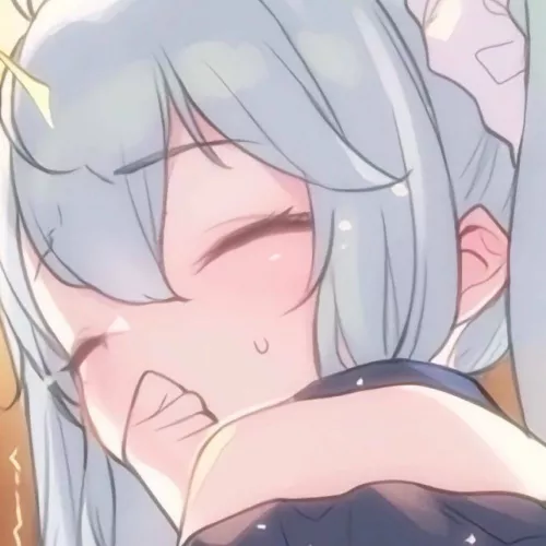 LF Color source: 1girl, aqua hair, long hair, tied hair, twintails, white hair tie, eye closed, blush, looking back, black clothes, black neckwear, hand on mouth, close-up, wince face, clanched fist
