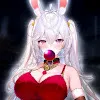 LF color source: 1girl, crop, cleavage, white hair, long hair, collar, boobs, red dress, bare shoulder, black background, animal ear, bunny ear