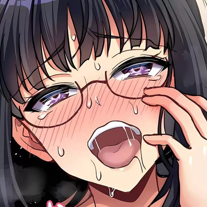 LF Color Source:1girl, black hair, long hair, glasses, blush, open mouth, upper teeth, sweat, ahegao, mug shot