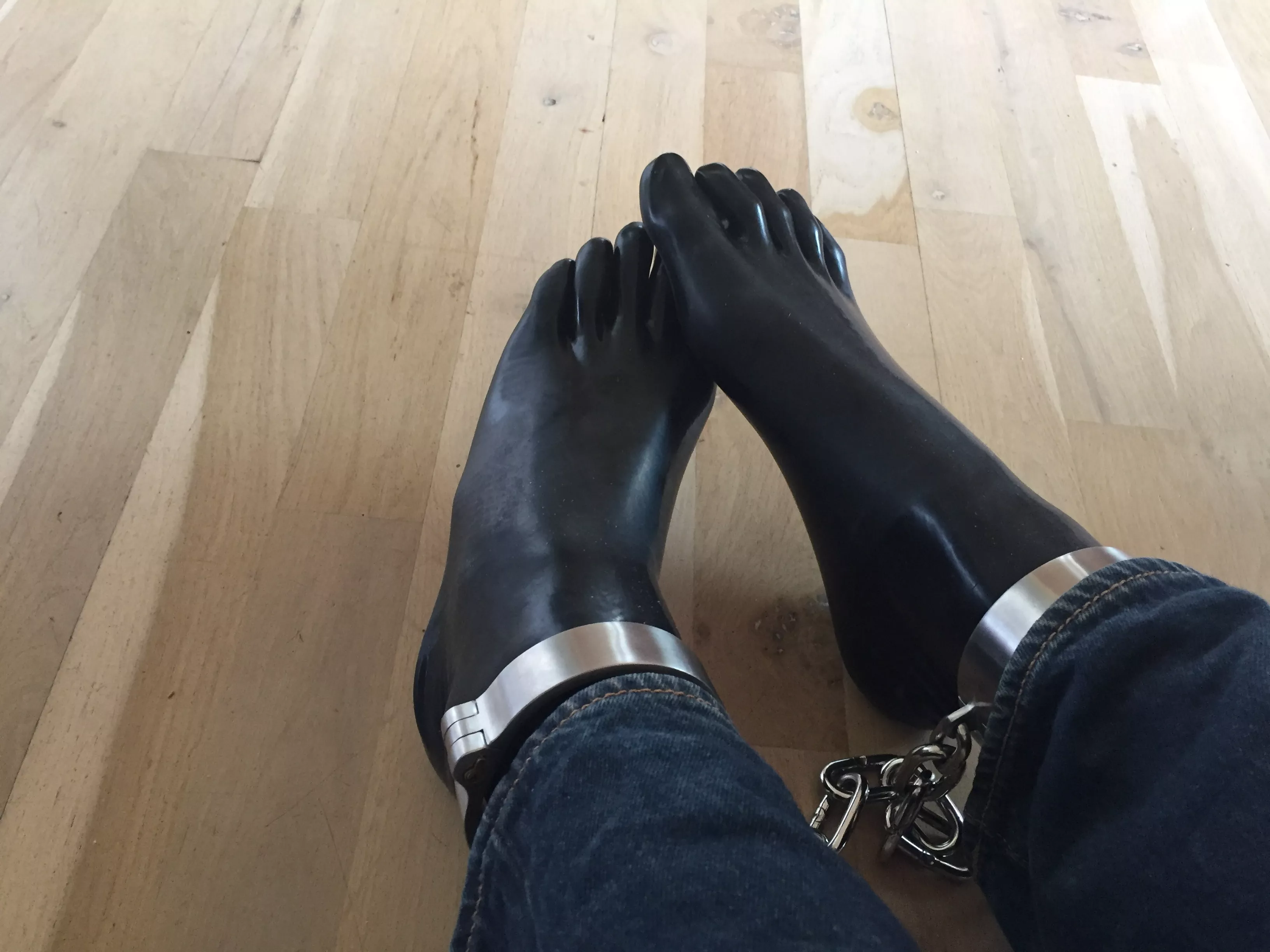 Shackled in latex toe socks