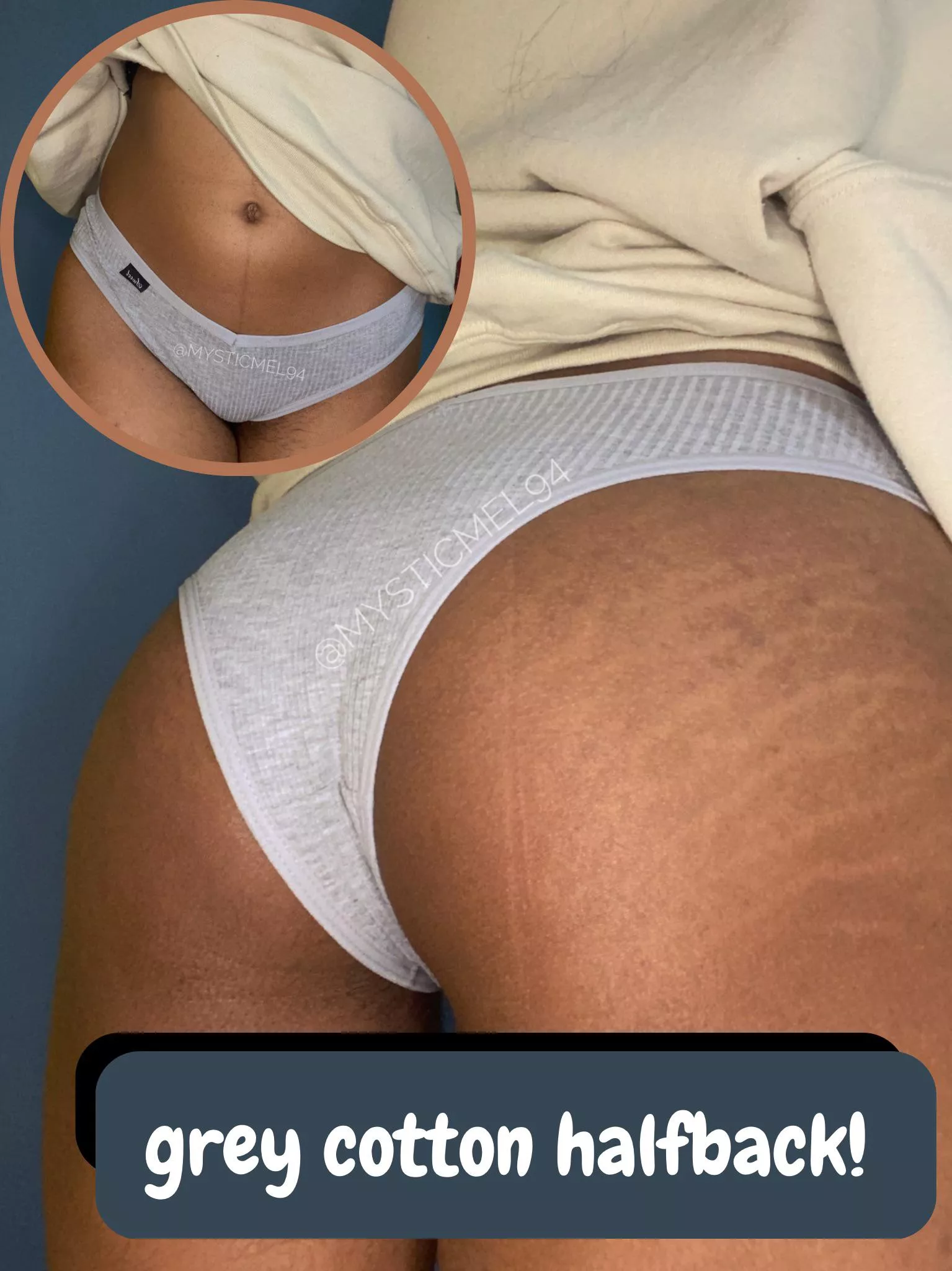 [selling] grey cotton halfback! plenty of other items to choose from! 👀💦 OPEN for WEAR 🥰💕 all items are made to wear and I have a wide variety❤️🧦👙DM’s always open! 💬