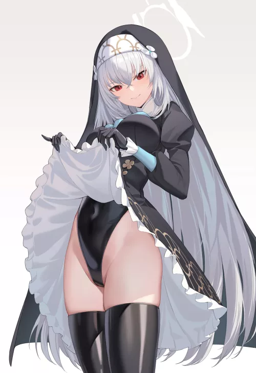 Lifting her Skirt to Reveal the Bodysuit