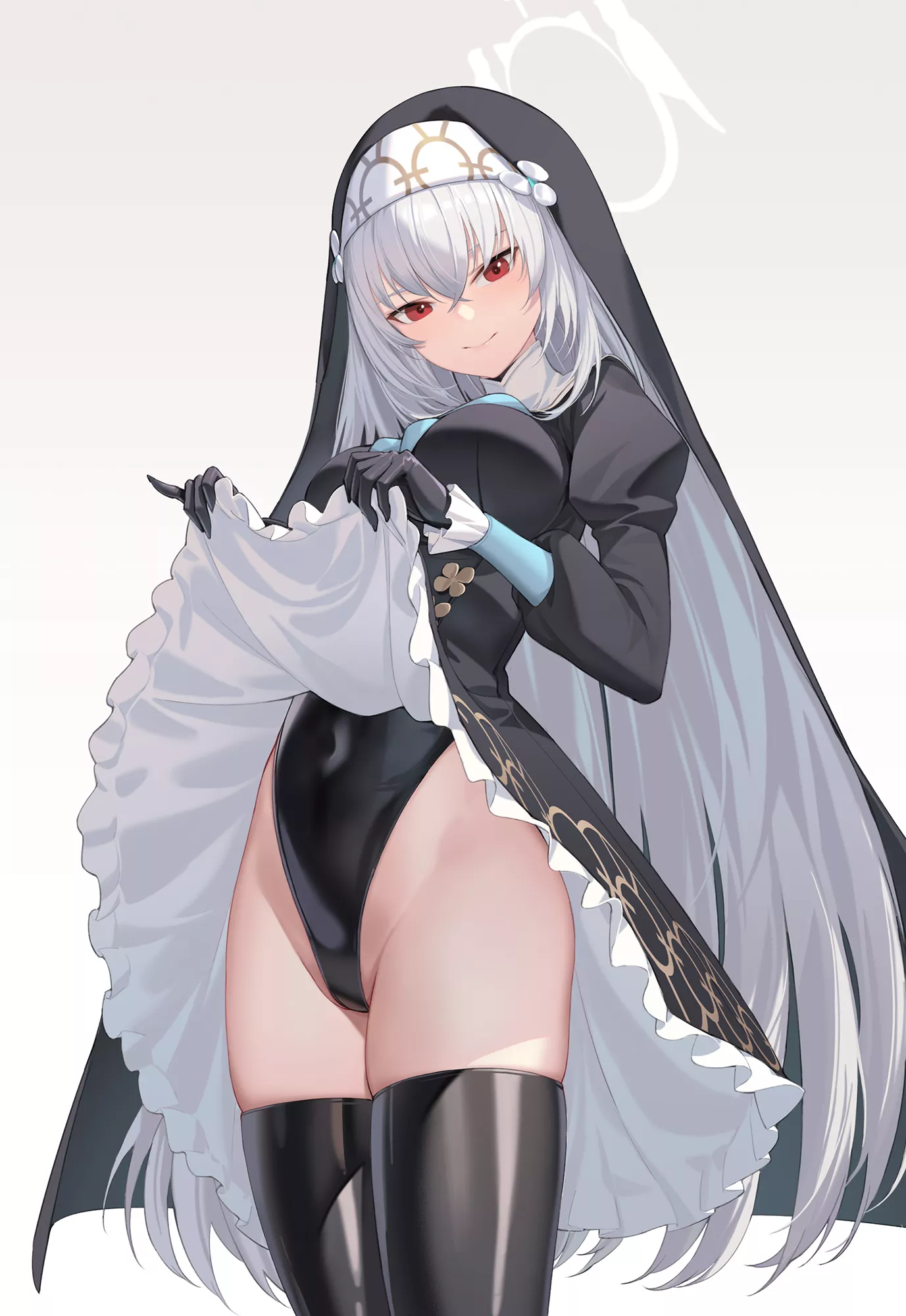 Lifting her Skirt to Reveal the Bodysuit