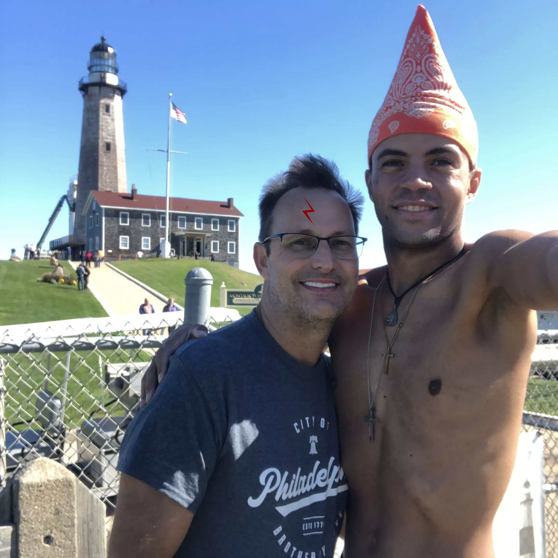 me/Joe Winko (Shirtless guy in the Orange Pointy Bandana) with HARRY POTTER at the Montauk Point Lighthouse in Long Island New York last fall. (EVERY SINGLE REDDIT SUB I HAVE POSTED THIS PIC ON HAS BEEN TAKING IT DOWN AND IT PISSES ME OFF!) 😠 me/Joe Winko (Shirtless guy in the Orange Pointy Bandana) with HARRY POTTER at the Montauk Point Lighthouse in Long Island New York last fall. (EVERY SINGLE REDDIT SUB I HAVE POSTED THIS PIC ON HAS BEEN TAKING IT DOWN AND IT PISSES ME OFF!) 😠