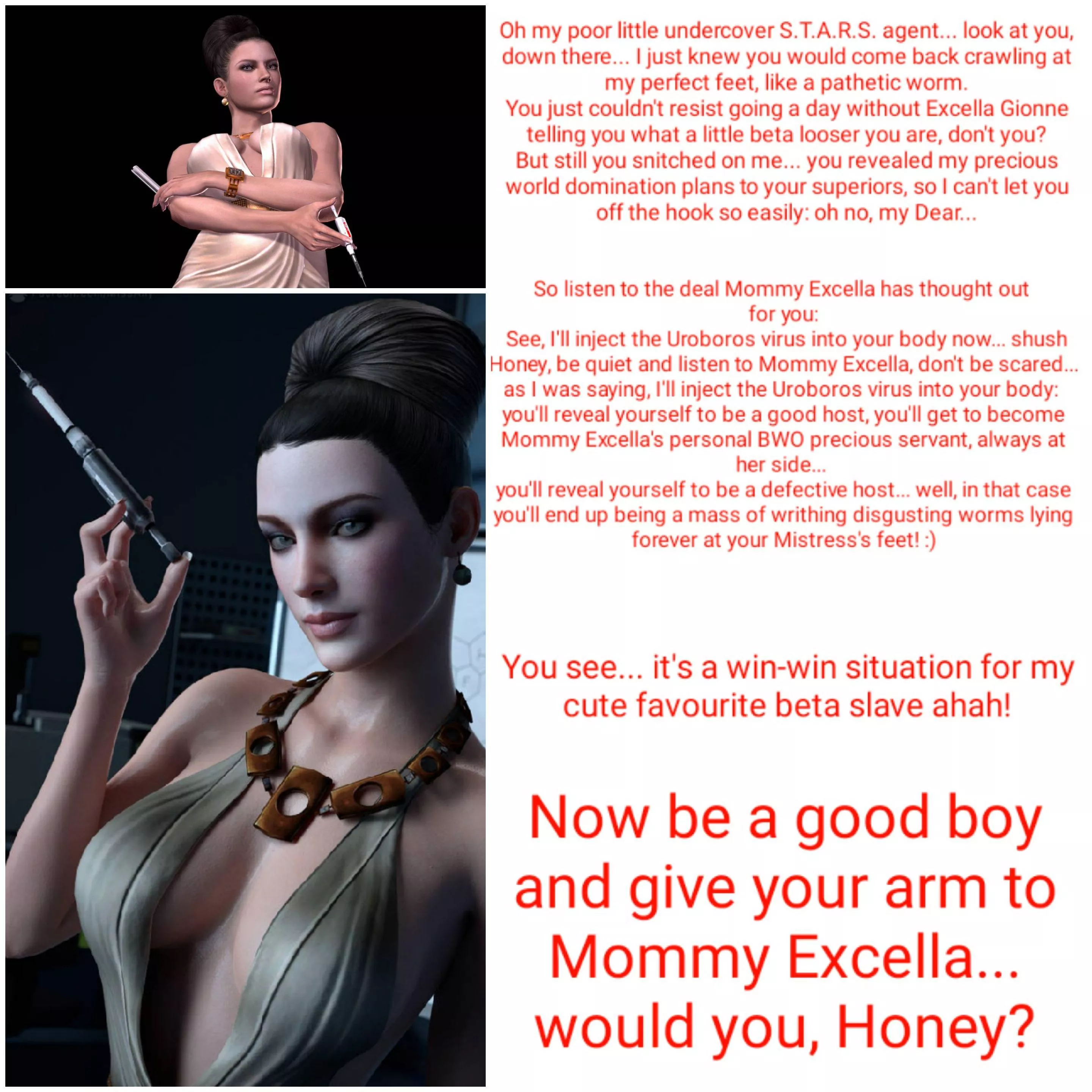 Excella Gionne makes you an offer you can't refuse... [Resident Evil 5] [Femdom] [Humiliation] [Transformation] [Artists: 上的DieKnowing (Twitter) & AlienAlly (DeviantArt)]