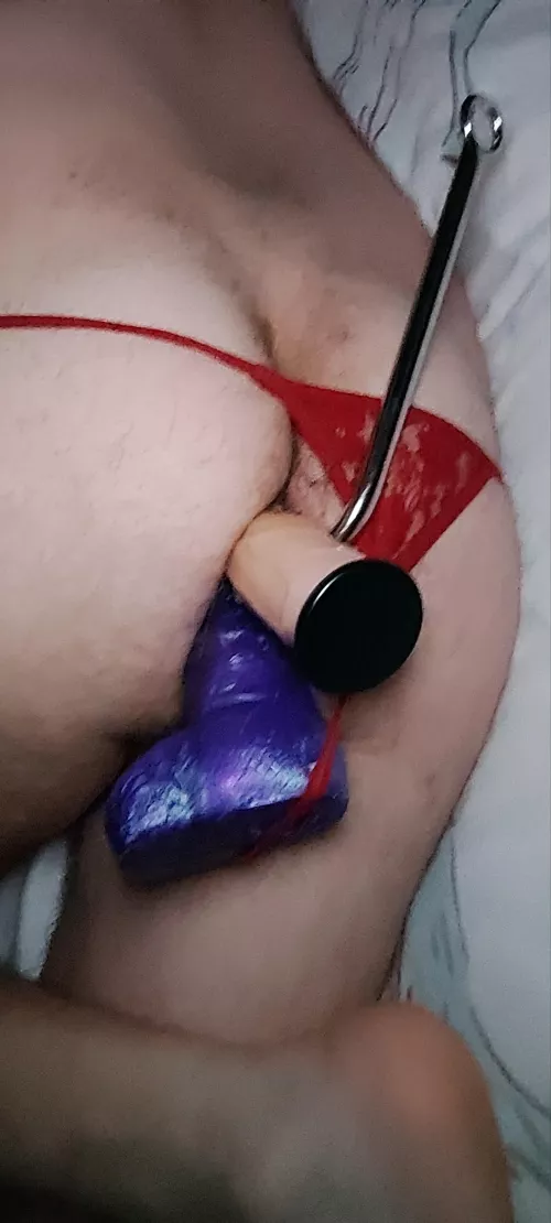 Gaping my ass with 2 dildos and anal hook