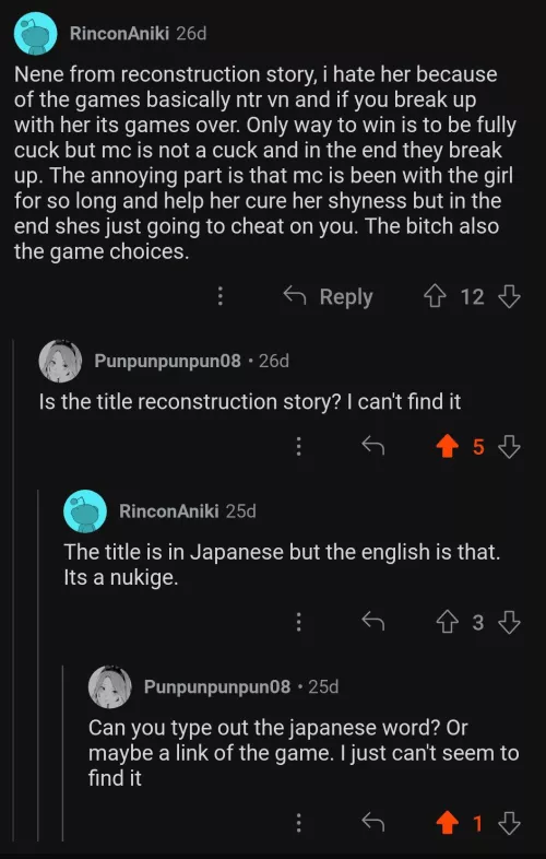 does anyone know the vn he was talking about? I swear I looked for it, even translated the word to japanese, entered the romaji word for it as well as the actual japanese translation but nothing comes up.