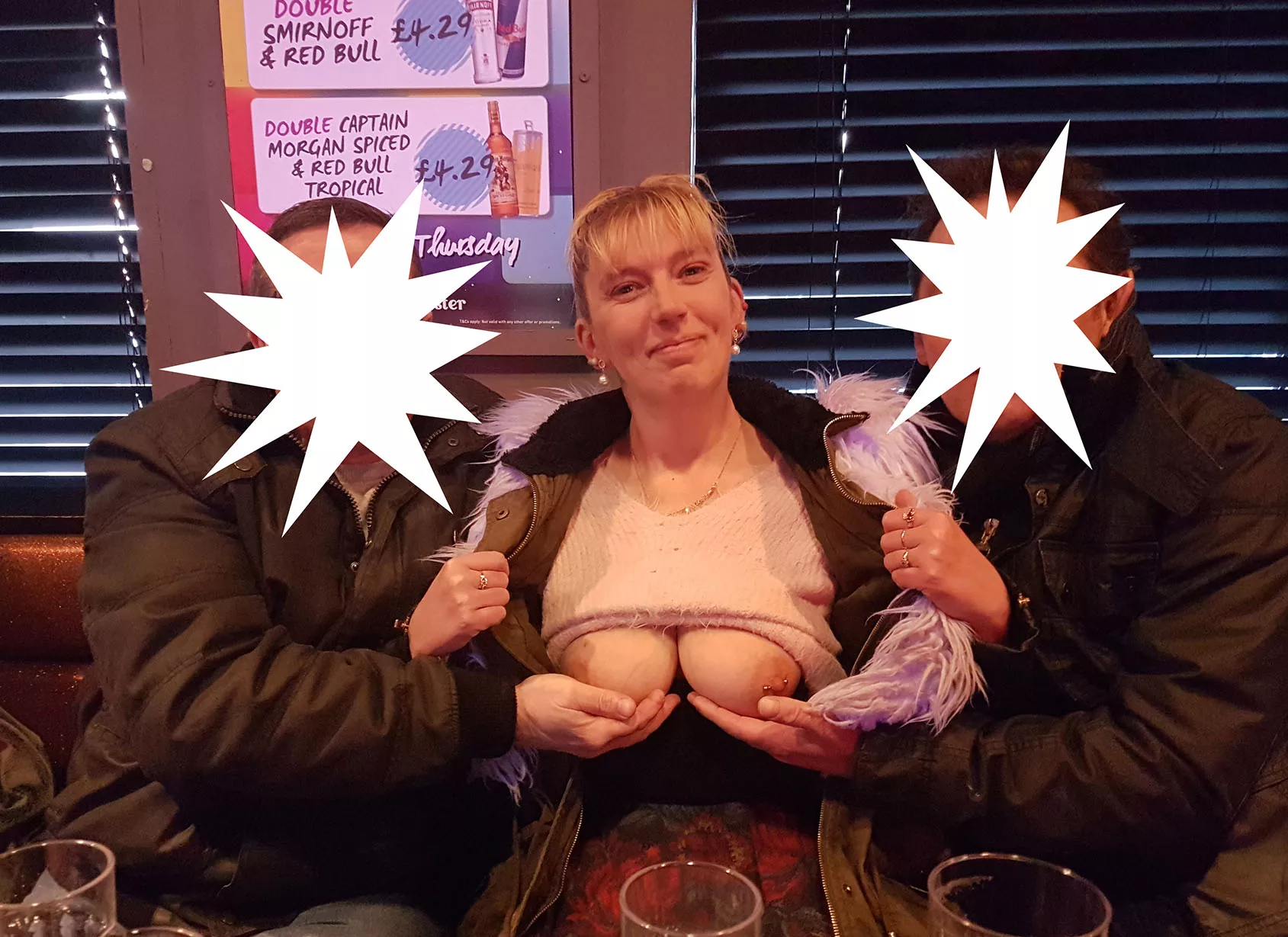 I got caught flashing my tits in a bar, and the 2 men asked if they could have a feel... so i said yes