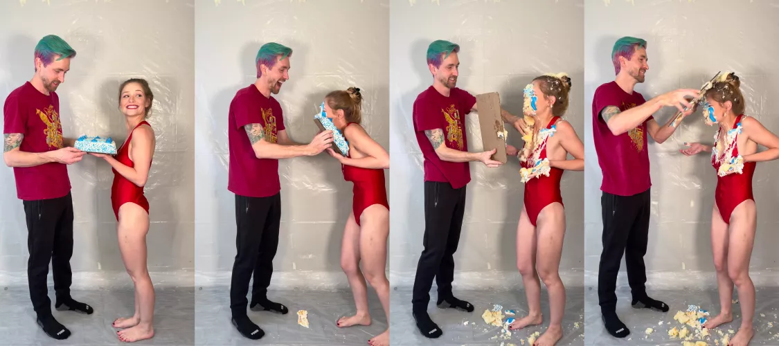 Cute Eliza with Slimed Models gets a really pretty cake smushed on her