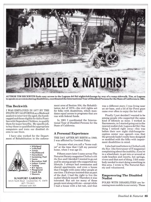 Disabled & Naturist (Nude & Natural magazine, summer 1994) - We need more wheelchair accessible resorts, campings & beaches.