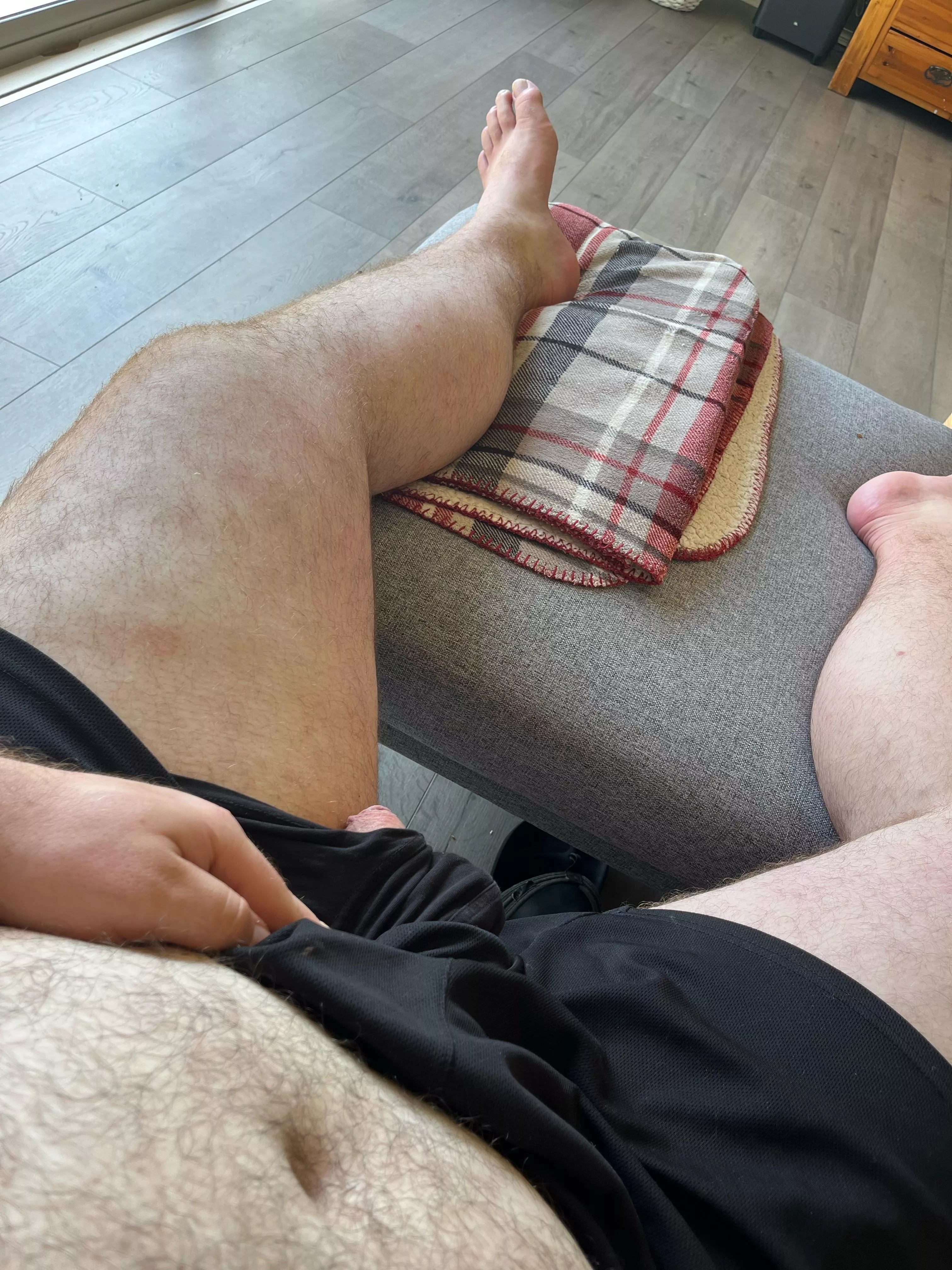 Peeping his head out of the briefs whilst on the couch