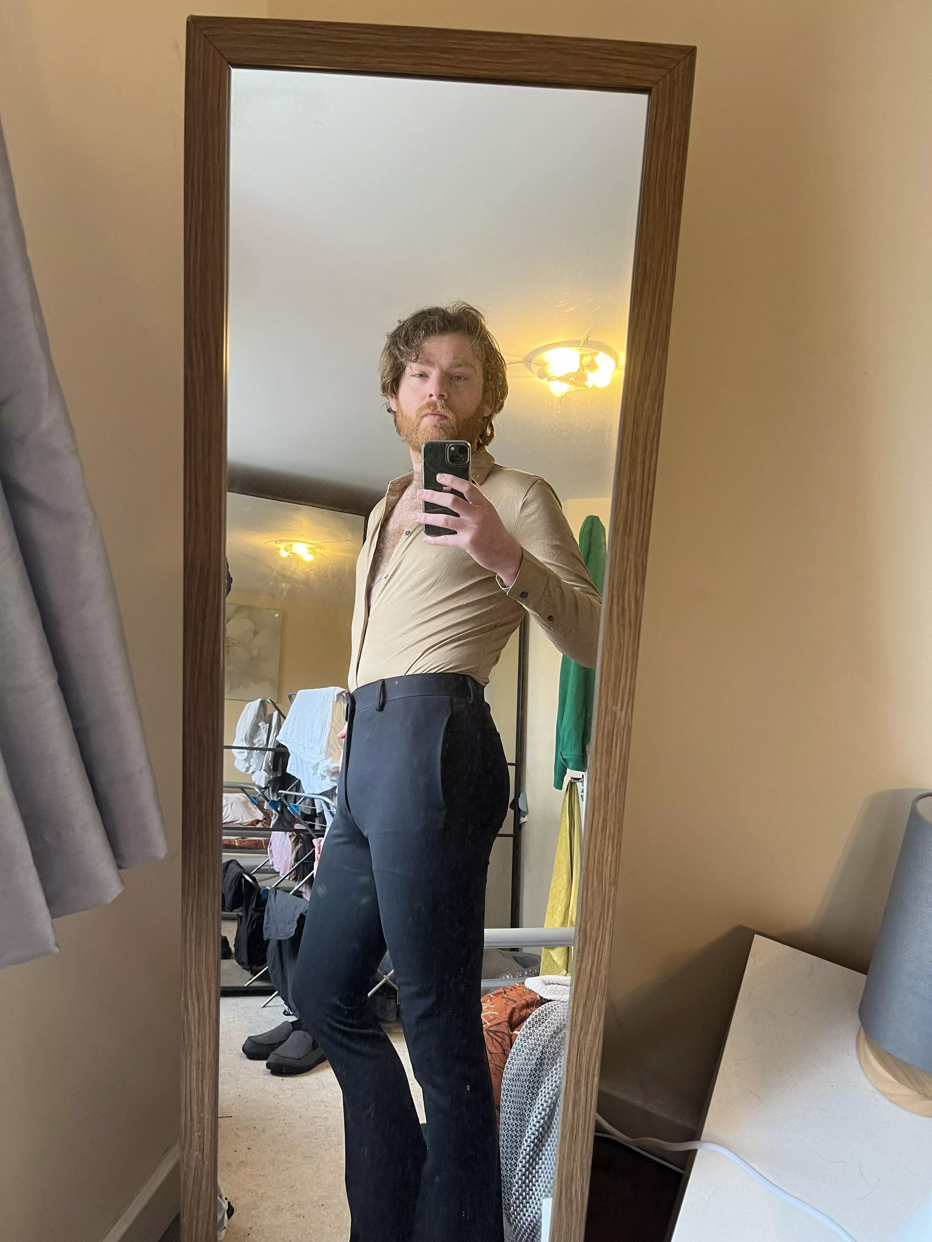 Really feeling it in my disco costume for a party tonight…I might have become a high waisted flare man.