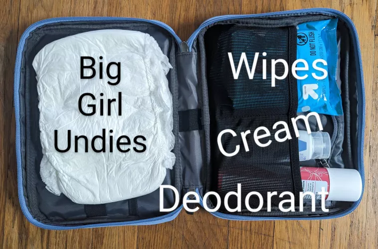 My everyday carry bag for wearing pull ups to work. I can fit one change in this with my accessories