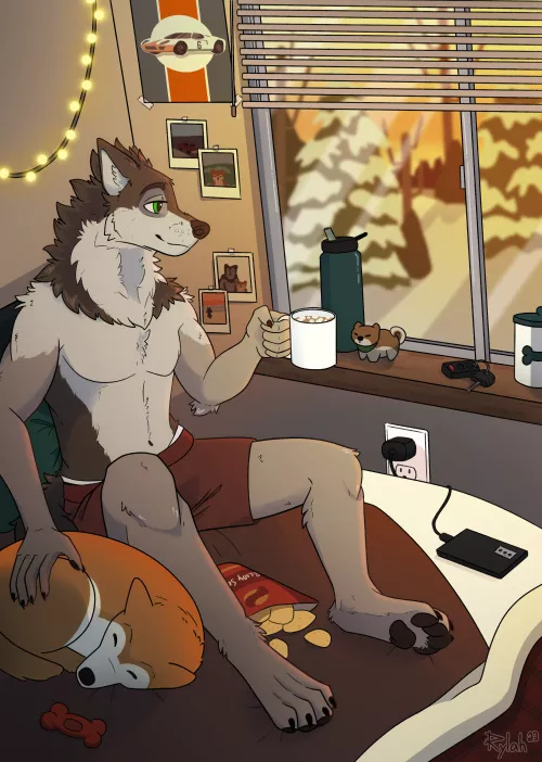 A cozy afternoon with a friend (Art by me, @kaijudog on Twitter)
