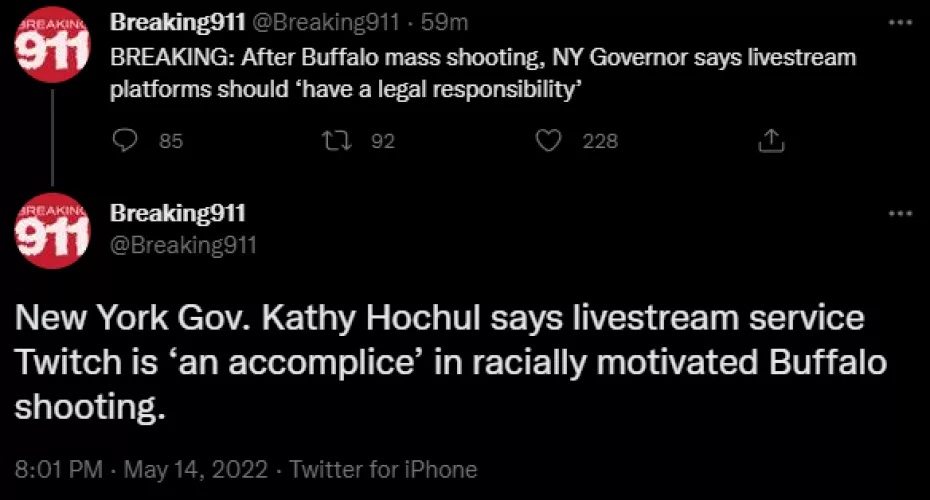 After Buffalo mass shooting, NY Governor says livestream platforms should ‘have a legal responsibility’ New York Gov. Kathy Hochul says livestream service Twitch is ‘an accomplice’ in racially motivated Buffalo shooting.