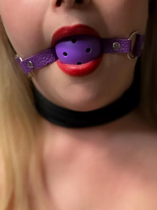 Black, purple and red. Gagged and collared.