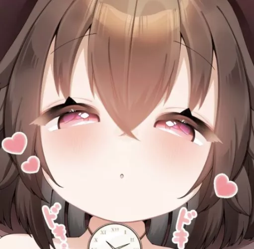 LF color source: 1girl, blush, brown hair, short hair, eyes between hair, big red eyes, gradient eyes, oval face shape, classic clock neckwear, clock nacklace, heart shape, foreign text, doki doki, looking at viewer, open mouth, small nose, small mouth,