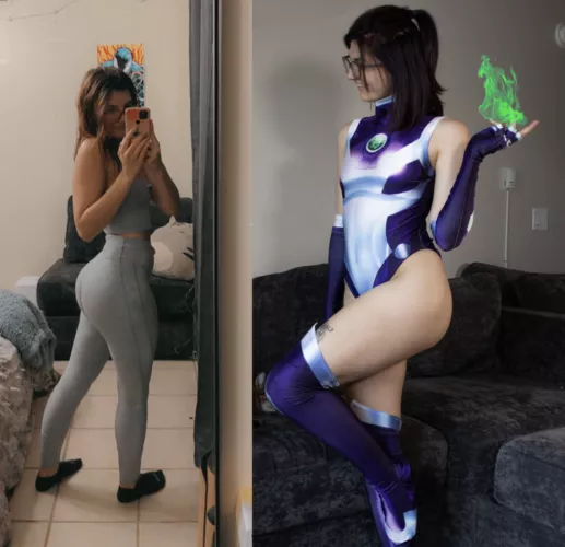 Out of cosplay vs in cosplay (Starfire by me)