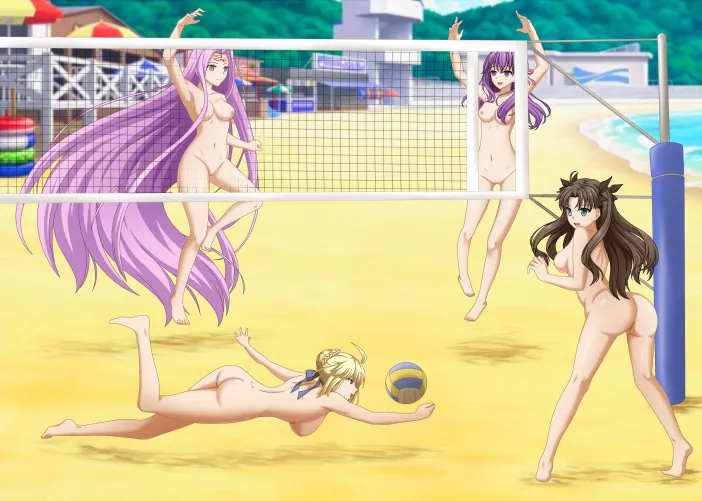 Artoria, Rin, Sakura, and Medusa playing volleyball (MartinStorm)